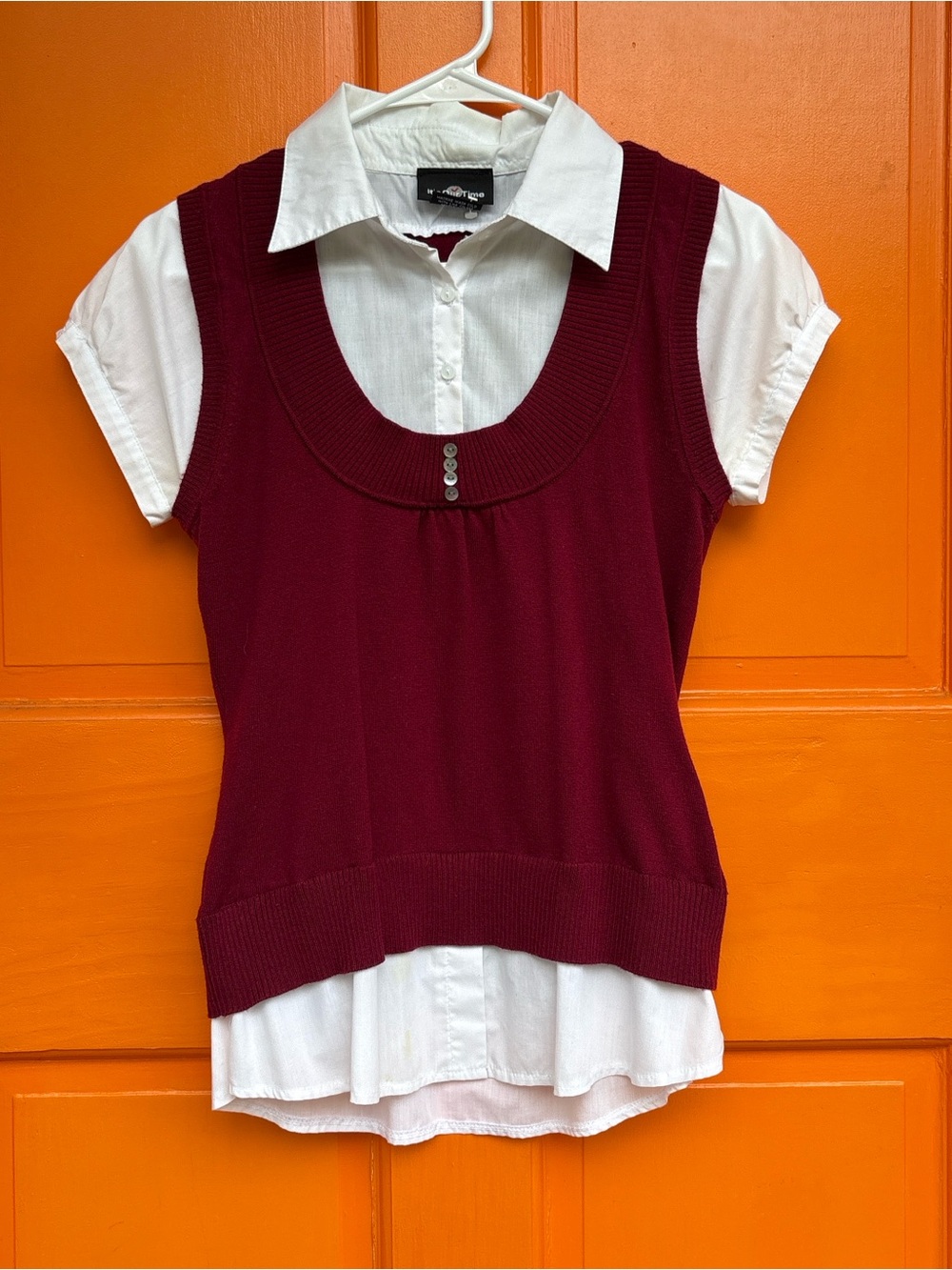 It's Our Time Burgundy Crewneck Sweater with White Shirt Hem